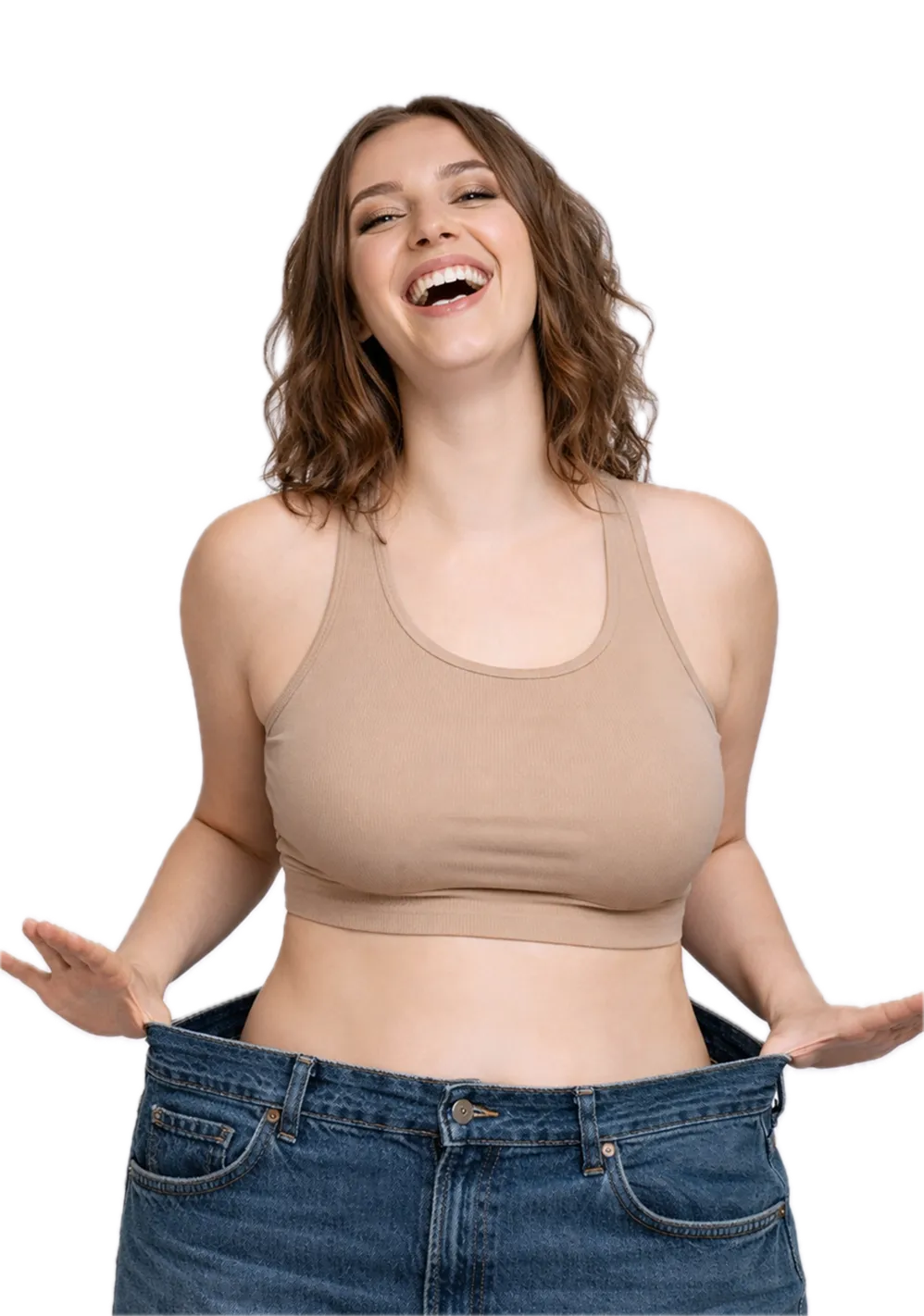 Happy woman showing weight loss results with Compounded GLP-1 Injection